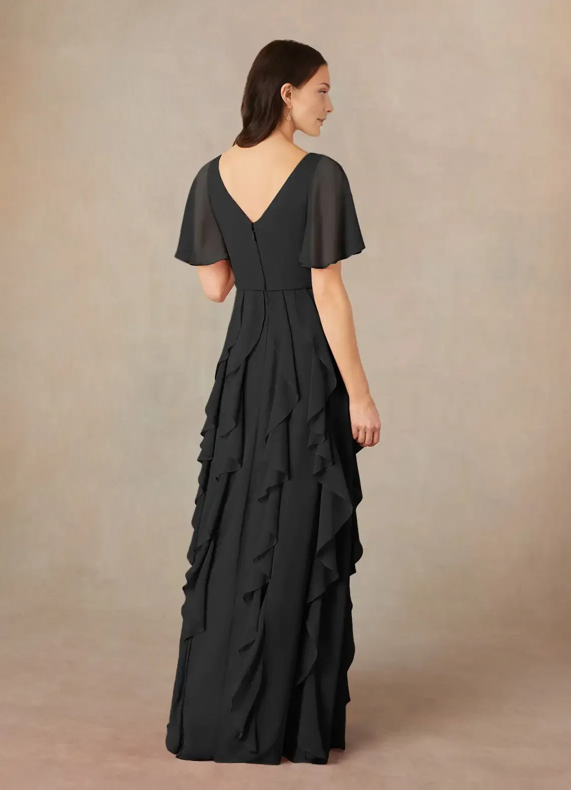 Black formal Mother of the Bride Dress with Sheer Flutter Sleeves V - Neckline and Tiered Ruffle Skirt Detailing