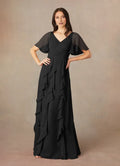 Black formal Mother of the Bride Dress with Sheer Flutter Sleeves V - Neckline and Tiered Ruffle Skirt Detailing