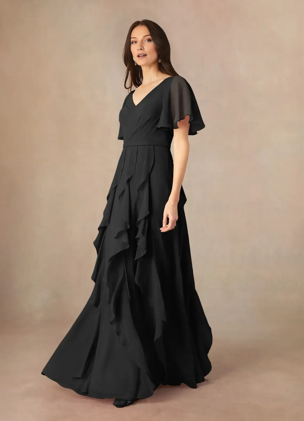 Black formal Mother of the Bride Dress with Sheer Flutter Sleeves V - Neckline and Tiered Ruffle Skirt Detailing