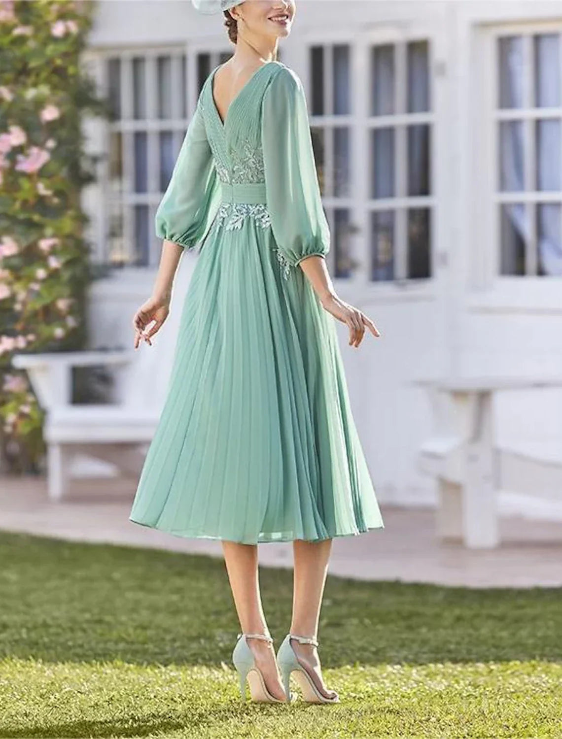 Mother of the Bride Dress Formal Wedding Guest Elegant V Neck Tea Length 3/4 Length Sleeve with Ruched