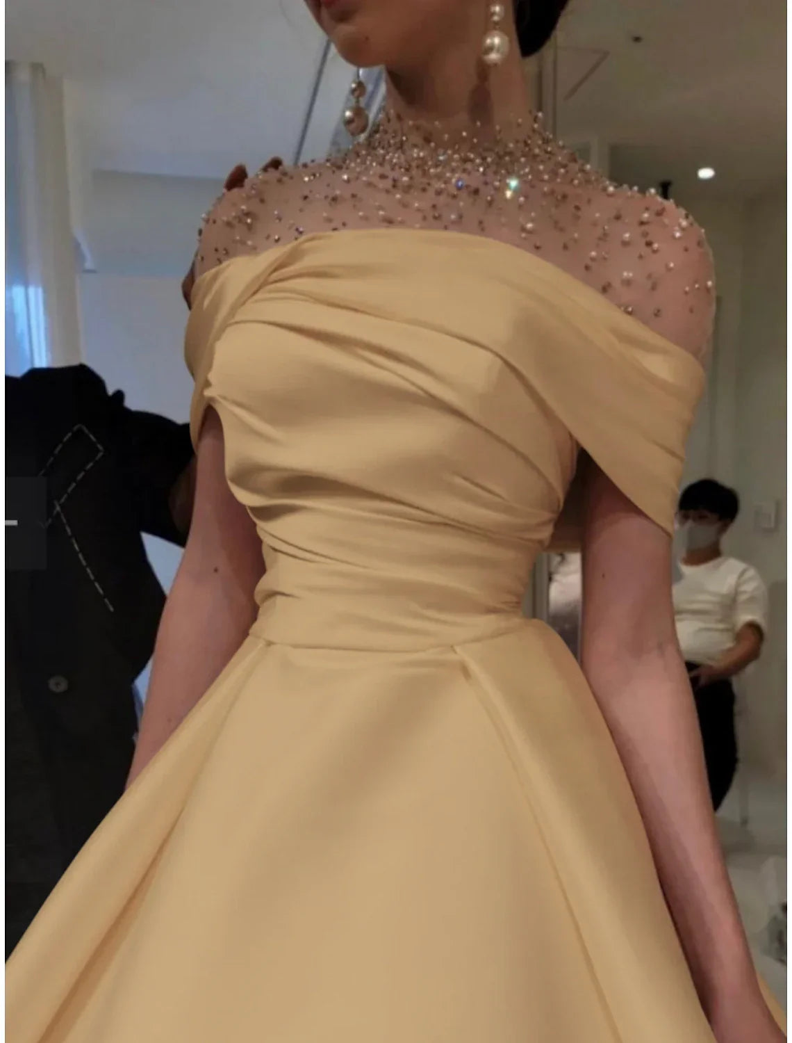 Green Evening Gown Elegant Dress Formal Christmas Red Dress Floor Length Short Sleeve Illusion Neck with Ruched Beading