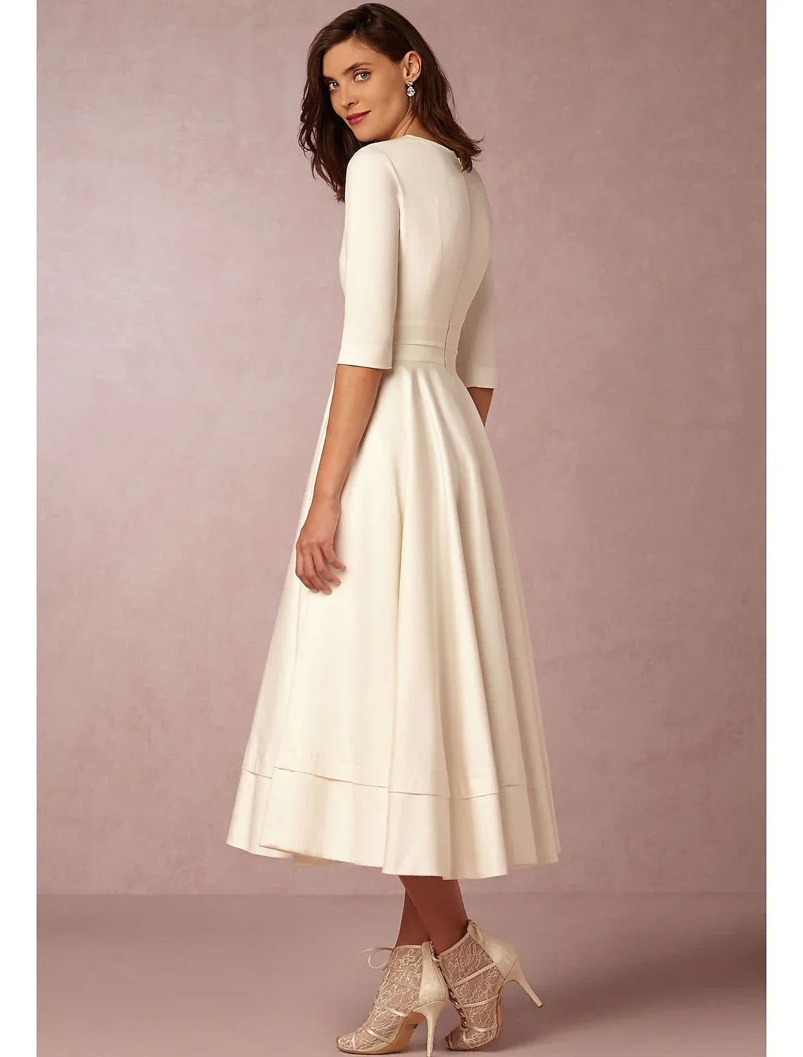 White Special Occasion Dresses Party Dress Holiday Wedding Guest Tea Length Half Sleeve V Neck Pocket with Pleats & Ivory ship in 48 hours