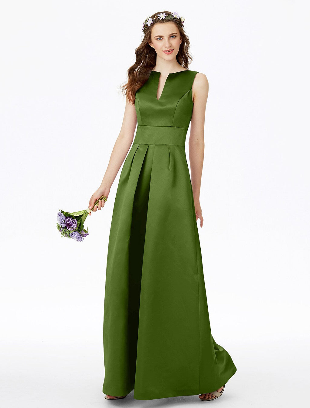 Bridesmaid Dress Notched Sleeveless Elegant Floor Length with Pleats Pocket
