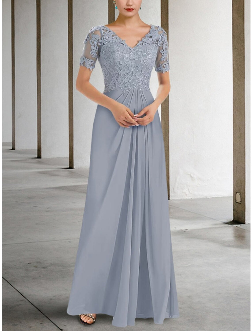 Mother of the Bride Dress Wedding Guest Elegant V Neck Floor Length Short Sleeve with Ruching Solid Color