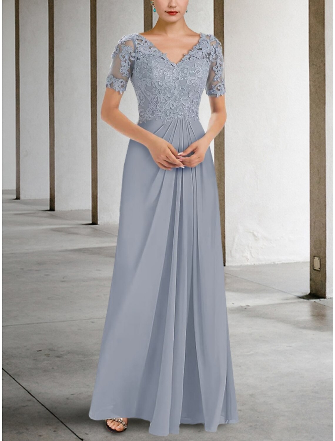Mother of the Bride Dress Wedding Guest Elegant V Neck Floor Length Short Sleeve with Ruching Solid Color