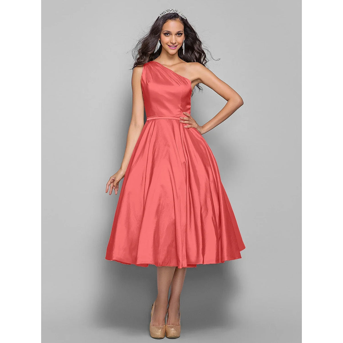 Minimalist Elegant Cocktail Party Wedding Party Dress One Shoulder Sleeveless Tea Length Taffeta with Sash / Ribbon