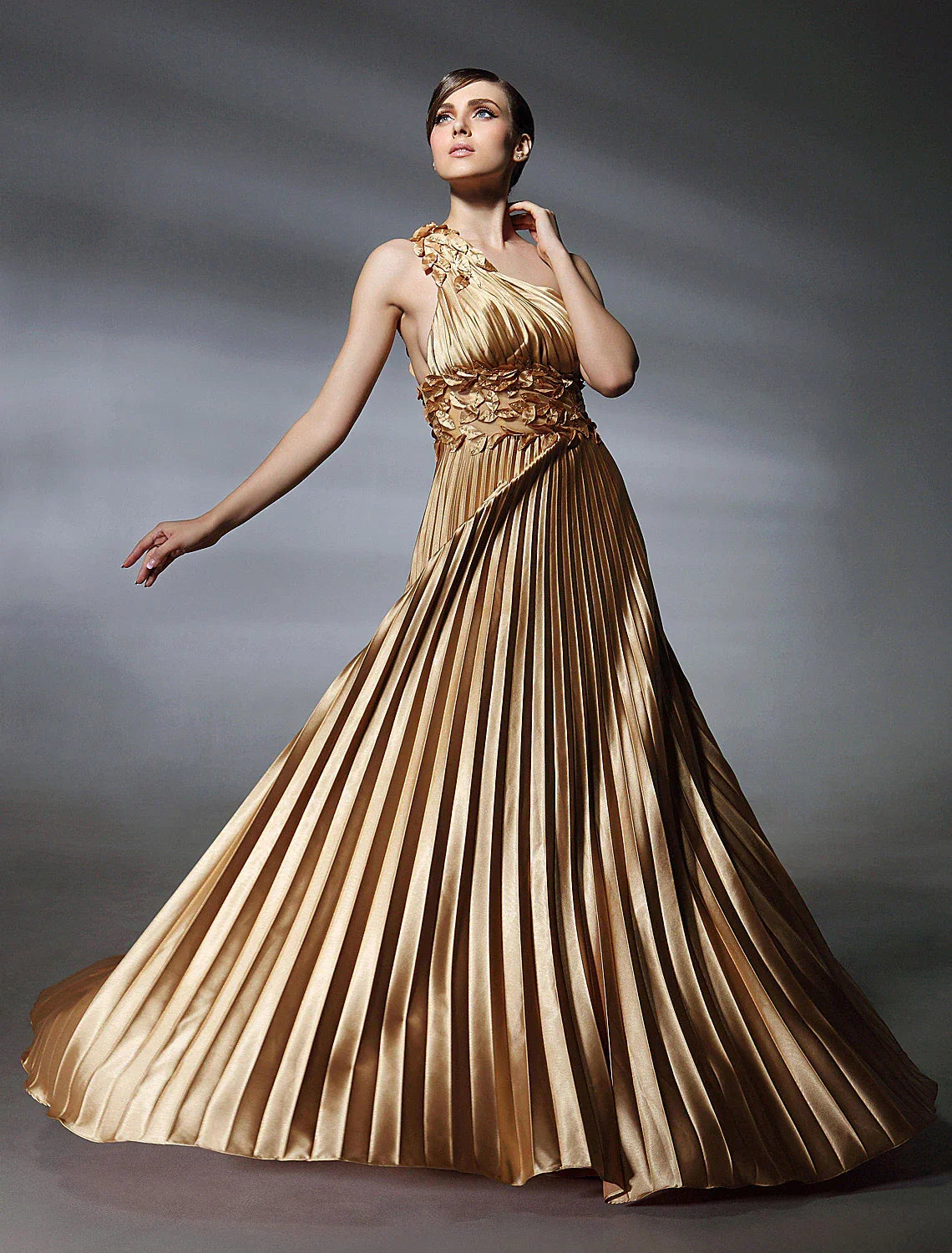 Formal Evening Sleeveless One Shoulder with Pleats Beading