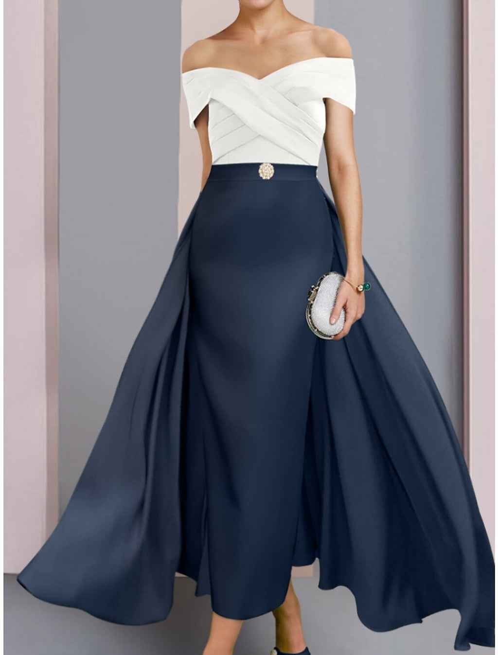 Mother of the Bride Dress Wedding Guest Elegant Off Shoulder Ankle Length Fabric Short Sleeve with Crystal Brooch Ruching