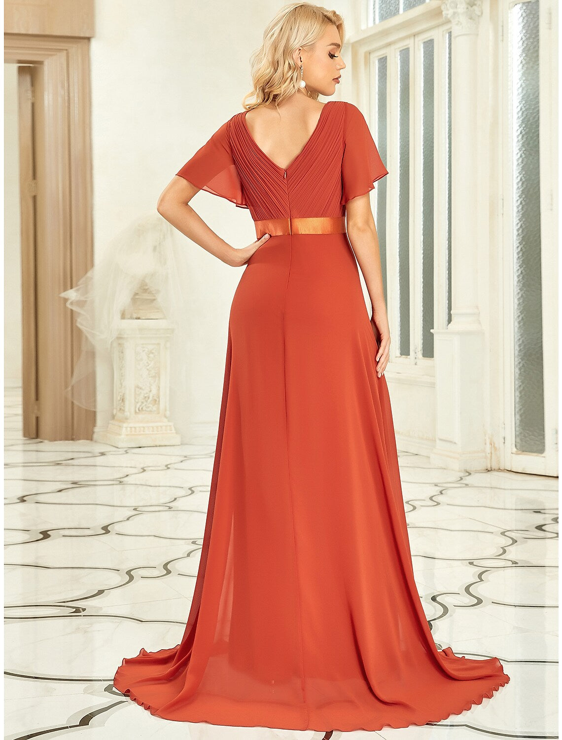 Plus Size Prom Formal Evening Dress V Neck V Back Short Sleeve Floor Length with Pleats Ruched