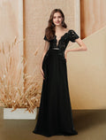 Evening Gown Dress Engagement Floor Length Short Sleeve V Neck