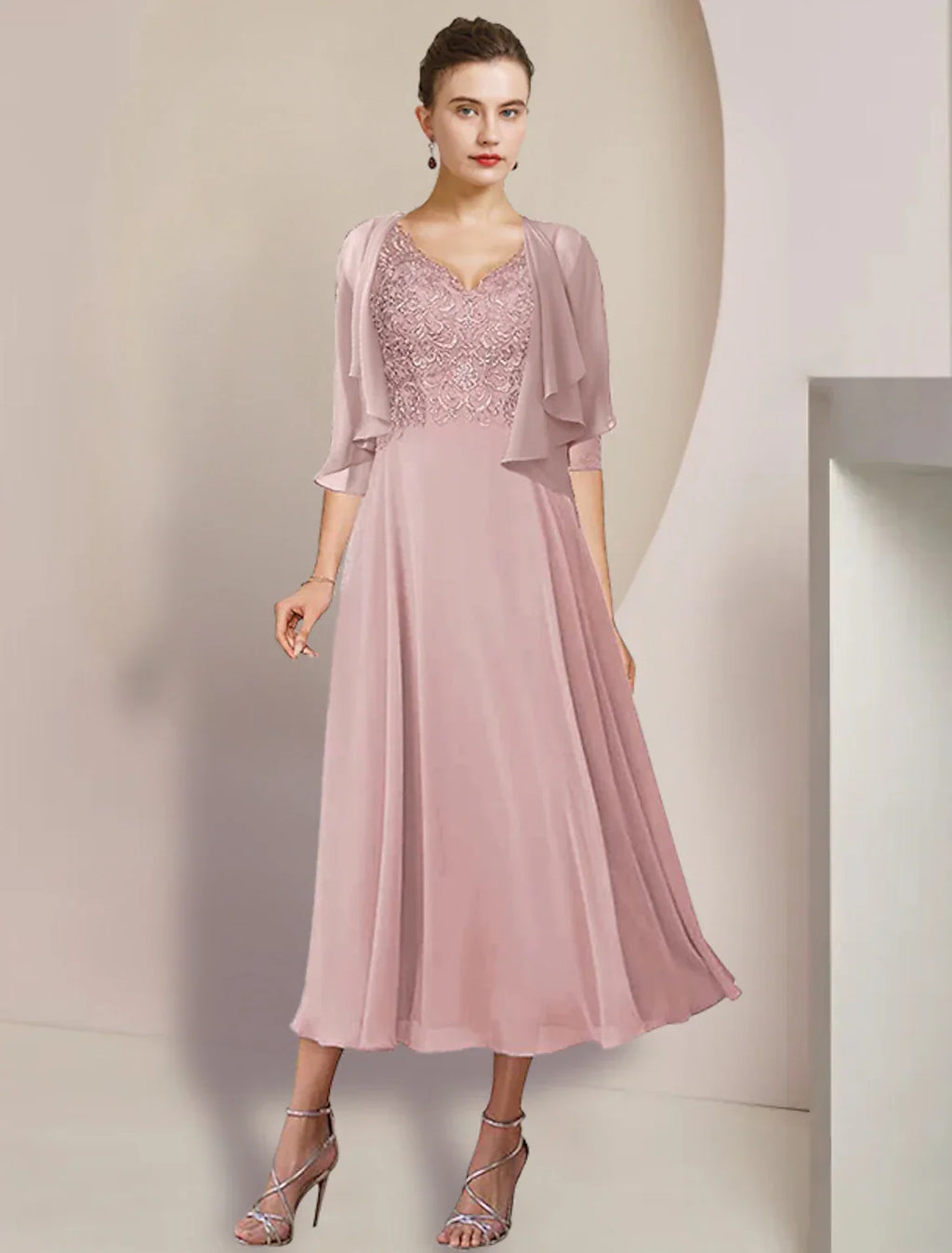 Two Piece A-Line Mother of the Bride Dress Formal Wedding Guest Elegant V Neck Tea Length 3/4 Length Sleeve Wrap Included with Appliques
