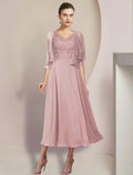 Two Piece A-Line Mother of the Bride Dress Formal Wedding Guest Elegant V Neck Tea Length 3/4 Length Sleeve Wrap Included with Appliques