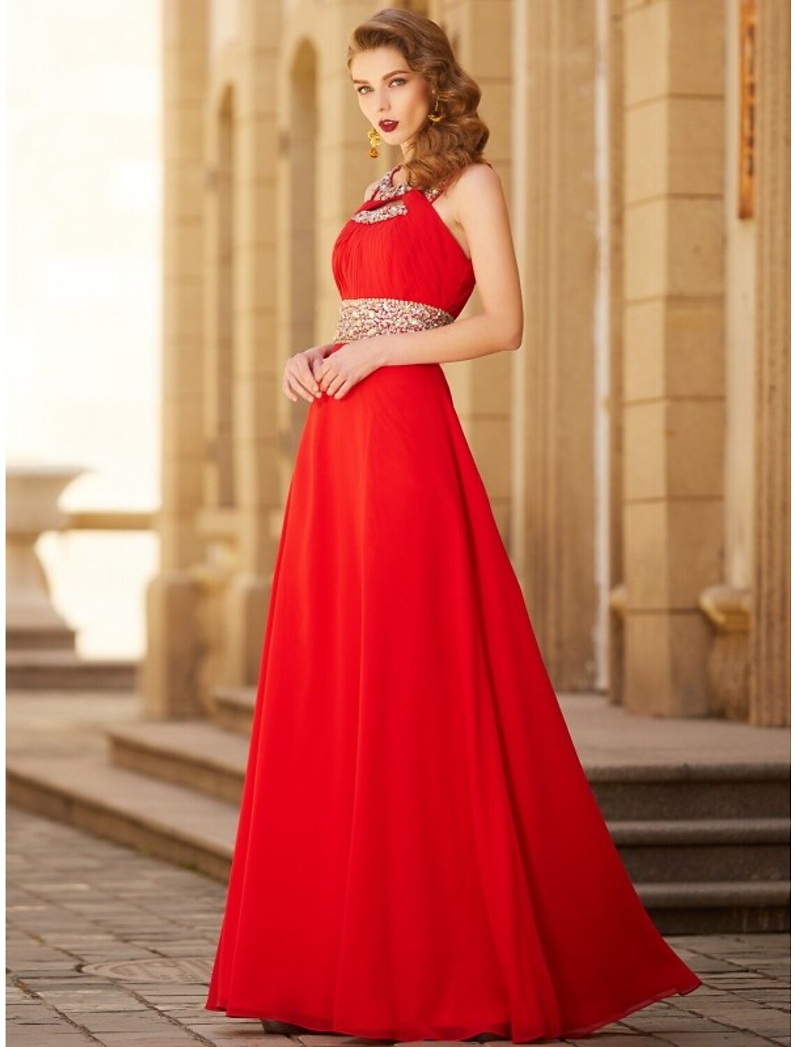 Evening Gown Sparkle & Shine Dress Party Wear Floor Length Sleeveless Halter with Rhinestone Slit