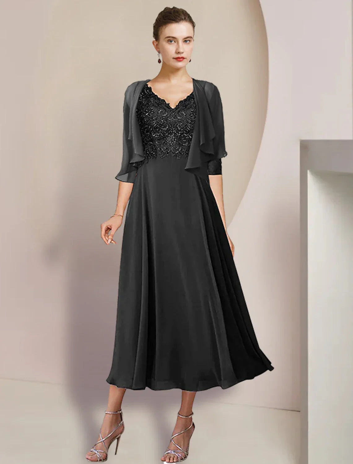Two Piece A-Line Mother of the Bride Dress Formal Wedding Guest Elegant V Neck Tea Length 3/4 Length Sleeve Wrap Included with Appliques
