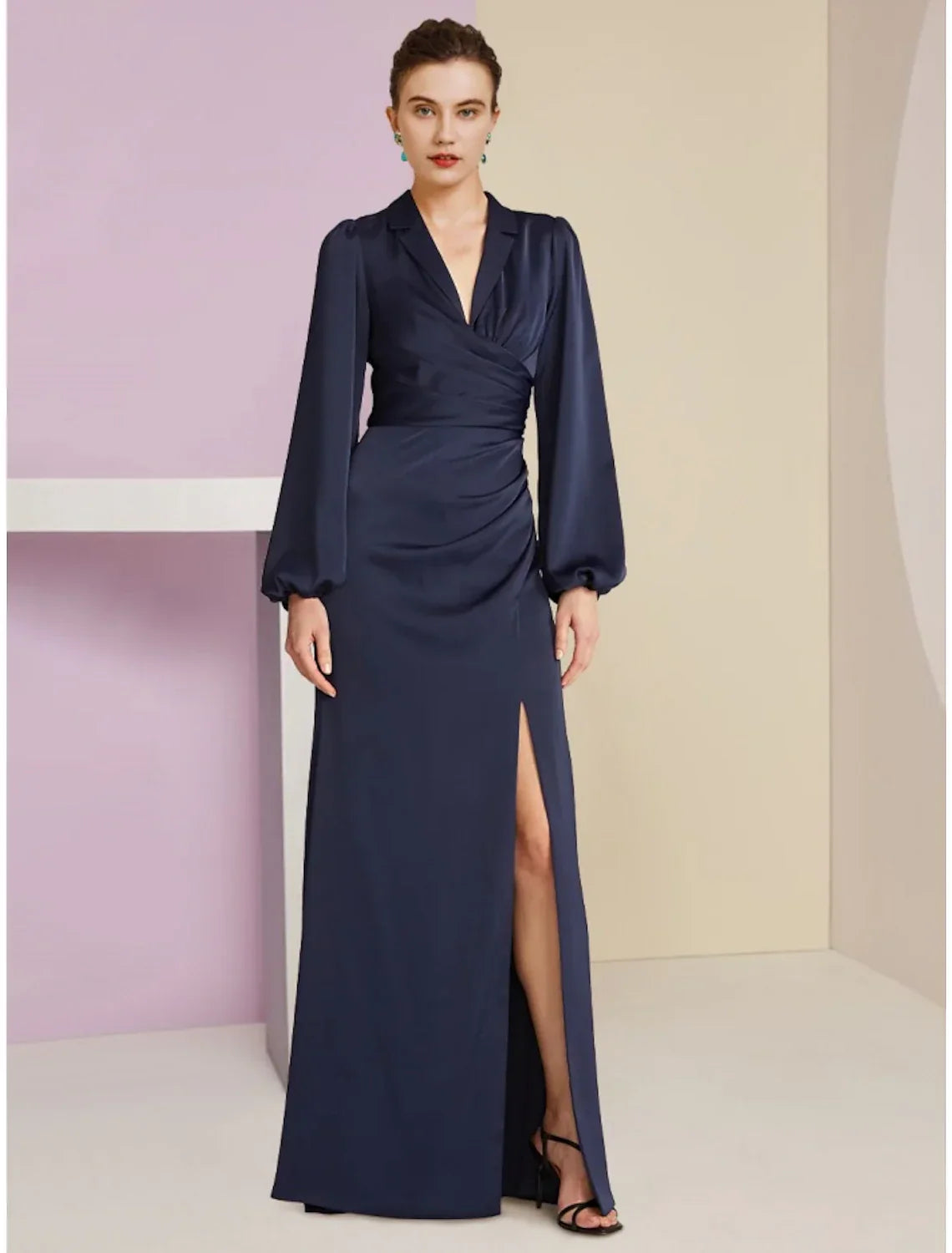 Sheath / Column Mother of the Bride Dress Wedding Guest Elegant V Neck Floor Length Long Sleeve with Split Front Ruching