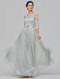 Wedding Guest Floor Length Half Sleeve with Bow(s) Appliques