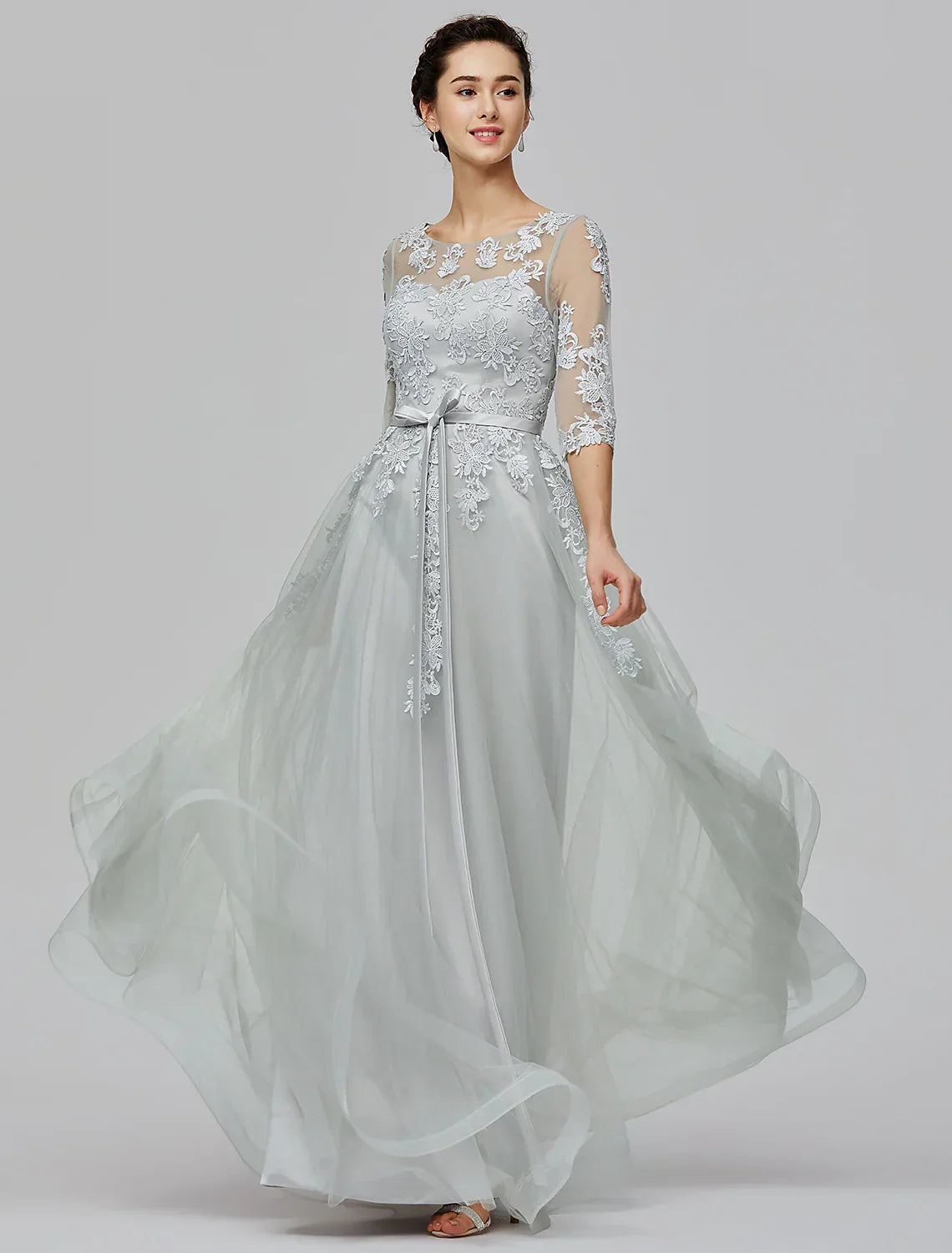 Wedding Guest Floor Length Half Sleeve with Bow(s) Appliques