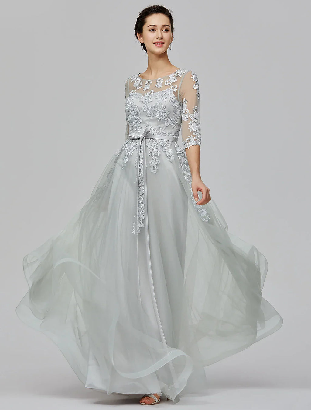 Empire Dress Wedding Guest Prom Floor Length Half Sleeve Illusion Neck with Bow(s) Appliques
