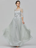 Empire Dress Wedding Guest Prom Floor Length Half Sleeve Illusion Neck with Bow(s) Appliques