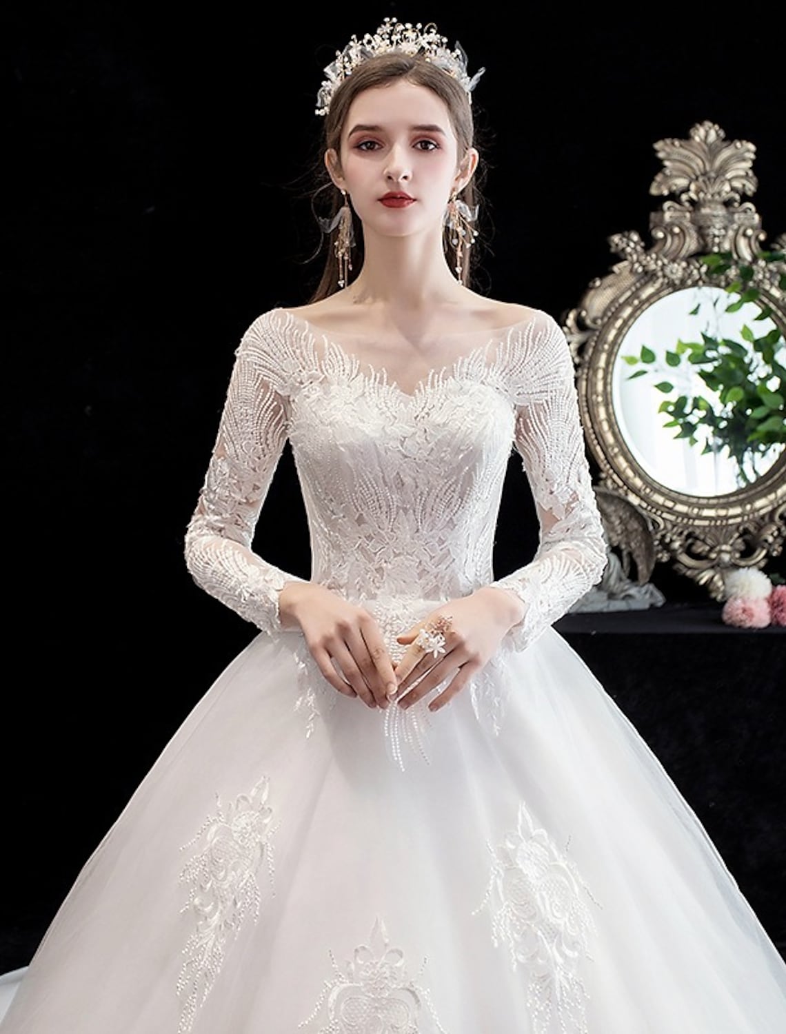 Engagement Formal Wedding Dresses Long Sleeve Off Shoulder Beading