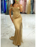 Mermaid / Trumpet Evening Gown Sparkle Dress Wedding Prom Floor Length Short Sleeve Off Shoulder with Ruched Pearls