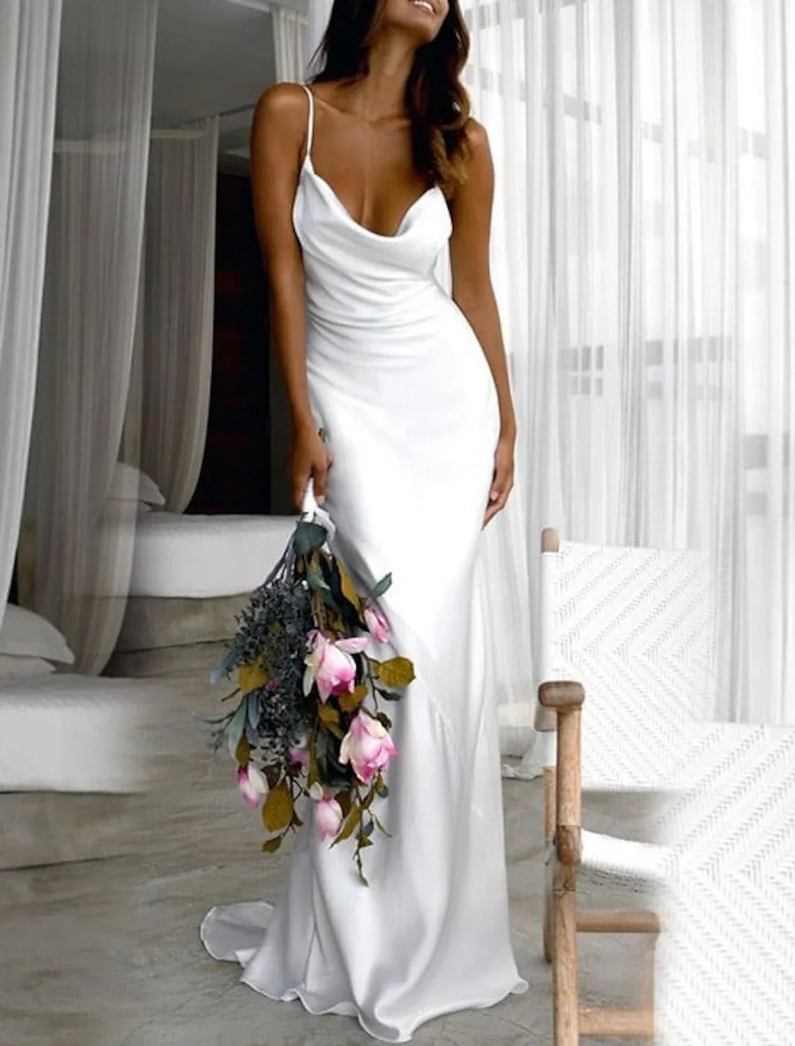 Beach Simple Wedding Dresses Sheath / Column Square Neck Camisole Spaghetti Strap Sweep / Brush Train Fabric Bridal Gowns With Ruched Solid Color
