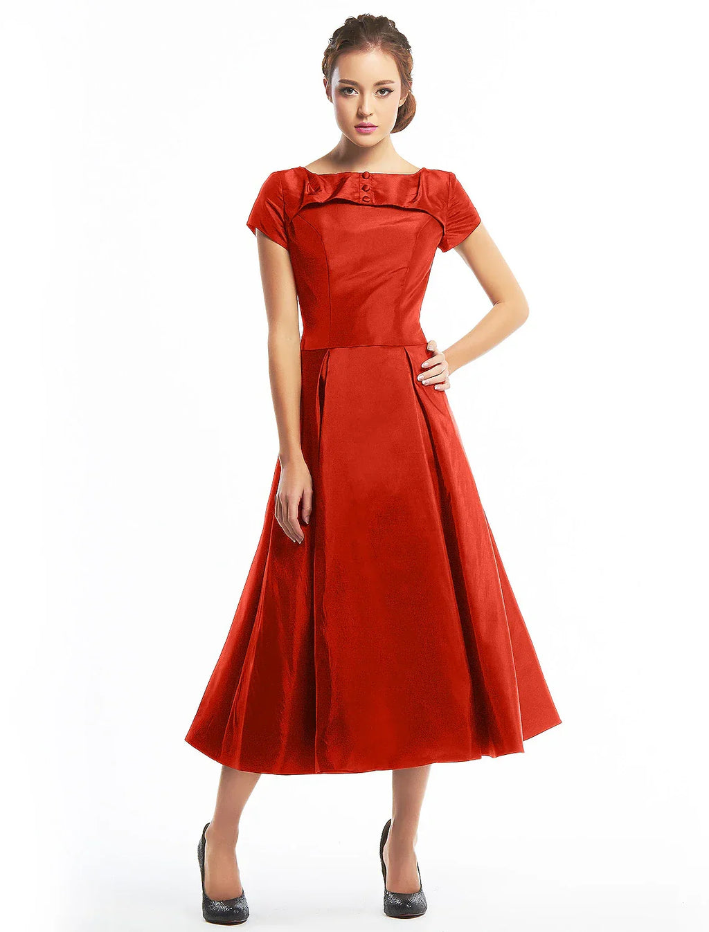 Vintage Dress Homecoming Wedding Guest Tea Length Short Sleeve Boat Neck Taffeta with Buttons