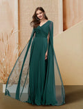 Evening Gown Dress Prom Floor Length Long Sleeve V Neck with Sleek Pleats
