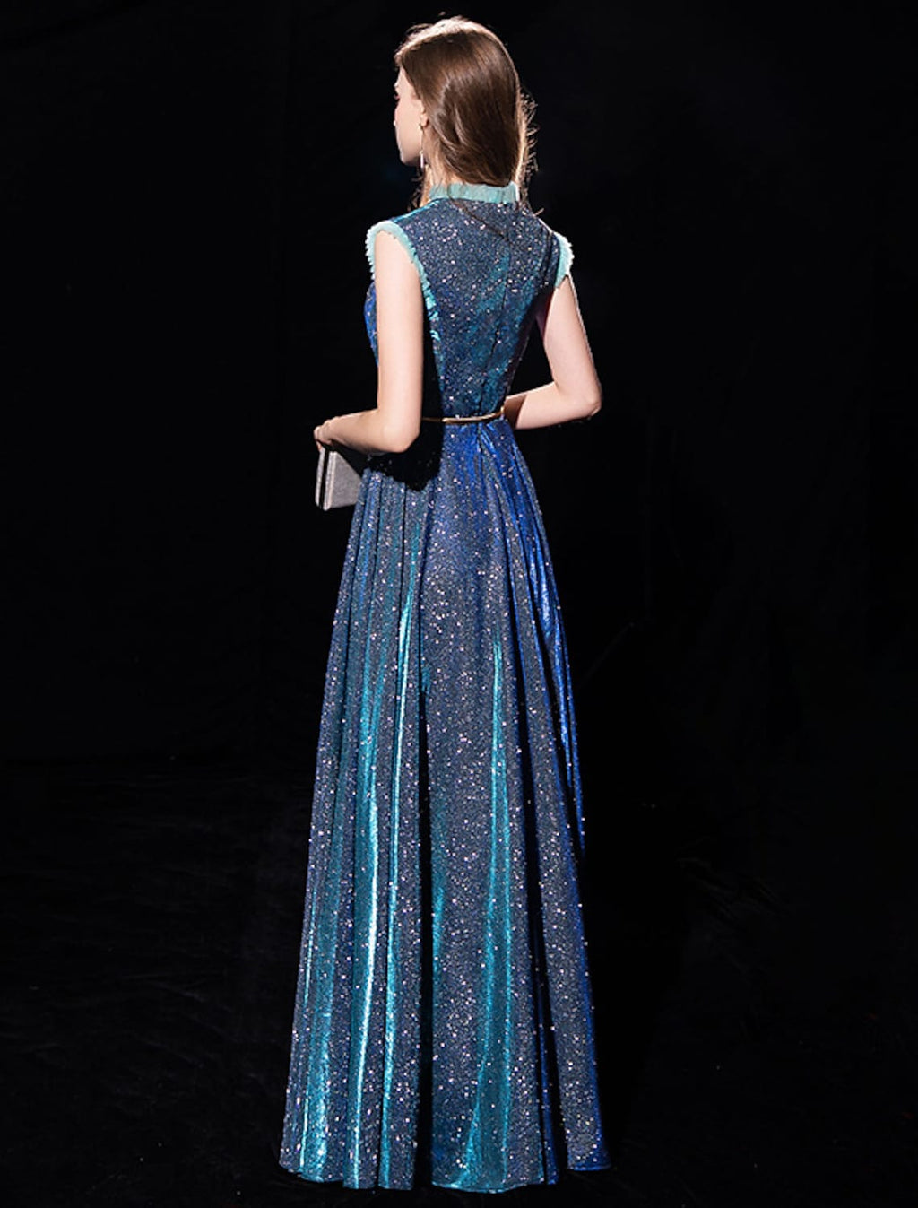 Shine Formal Evening Dress Sleeveless Floor Length with Sash Ribbon