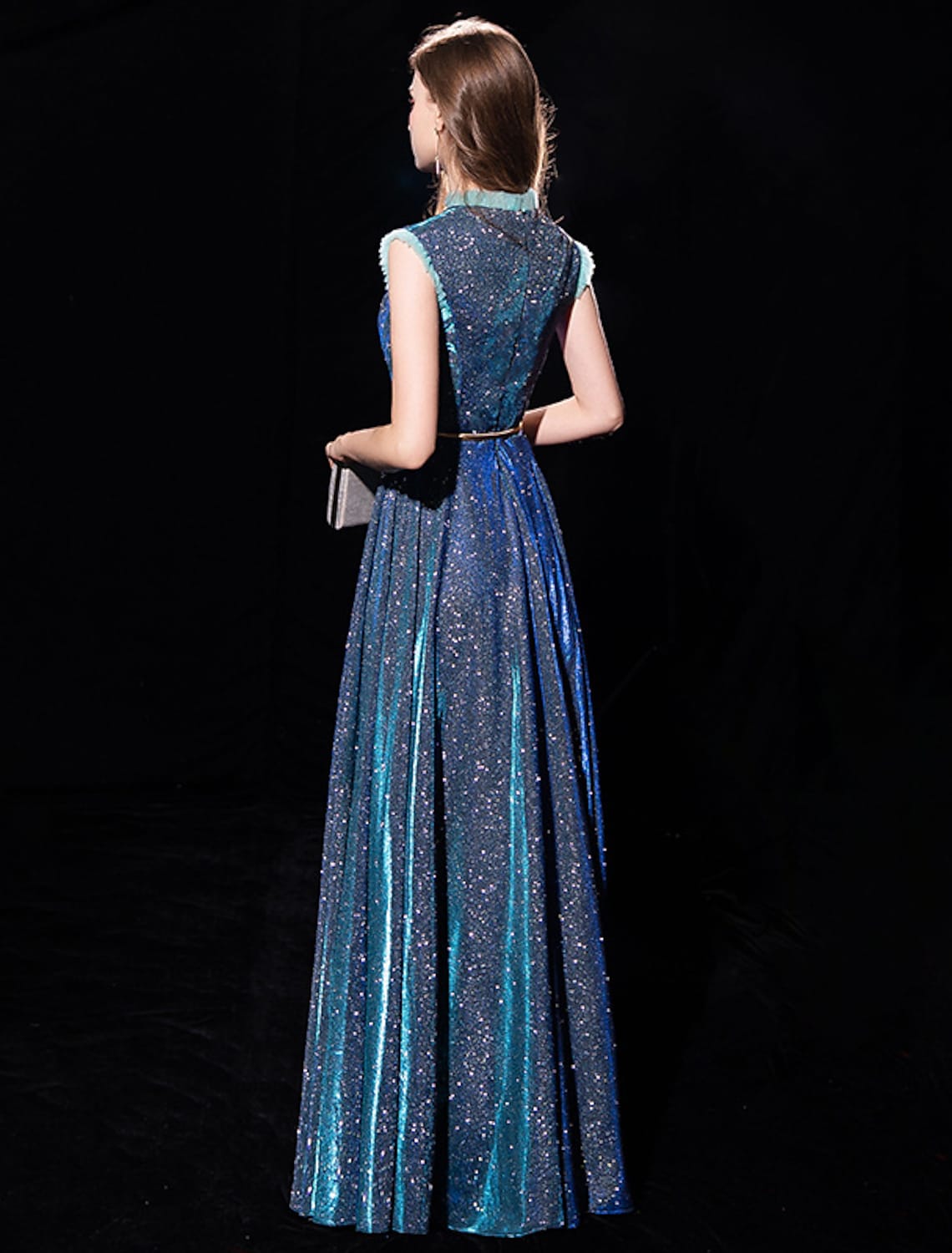 Shine Formal Evening Dress Sleeveless Floor Length with Sash Ribbon
