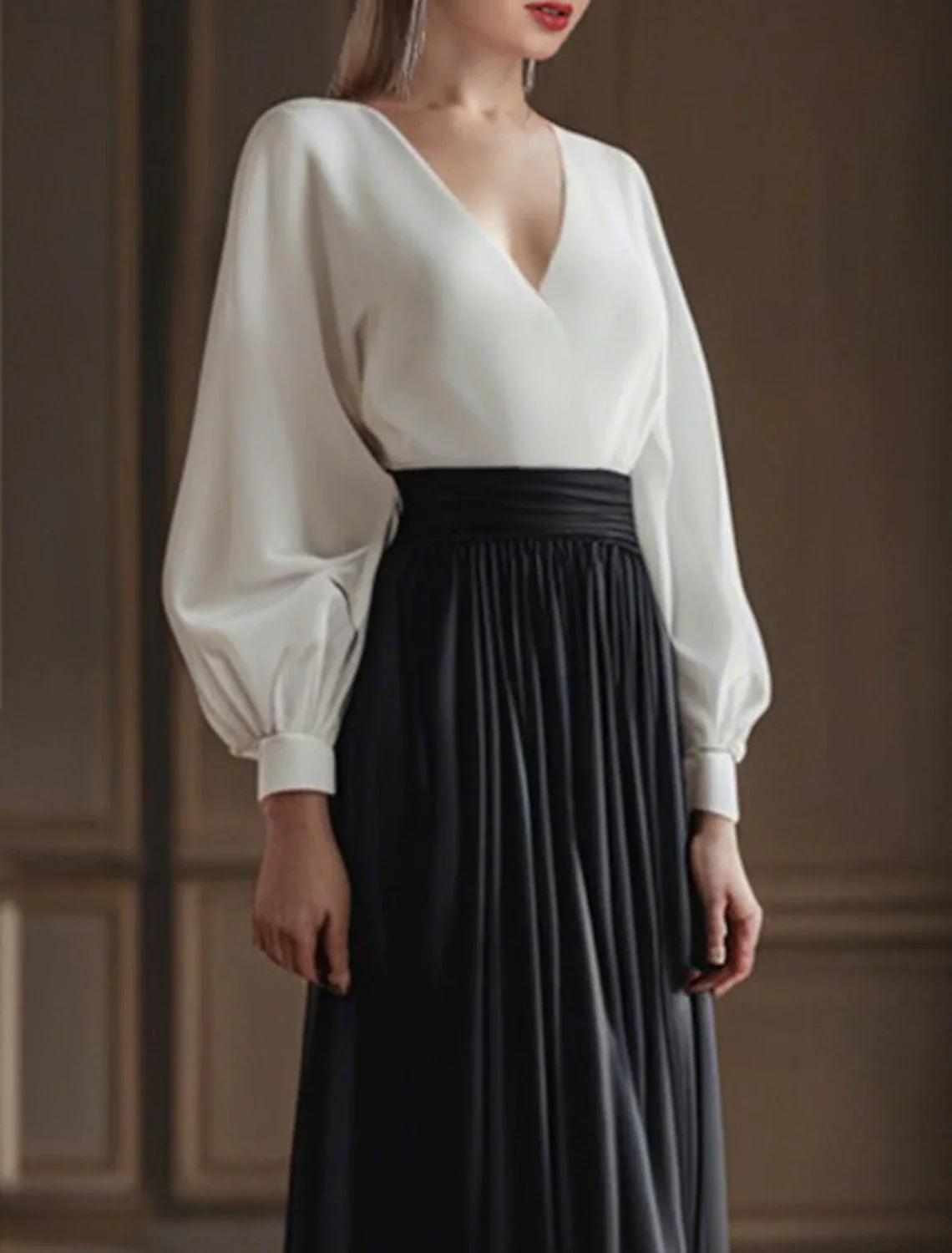 Black Evening Gown Dress Plus Size Formal Wedding Guest Floor Length Long Sleeve V Neck Gothic with Pleats