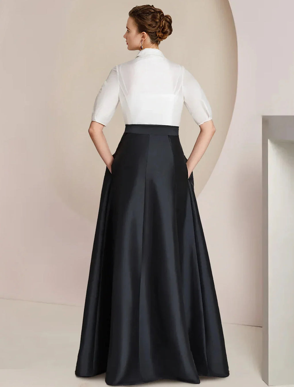 Mother of the Bride Dress Formal Wedding Guest Party Elegant Shirt Collar Floor Length Taffeta Short Sleeve with Bow(s) Color Block