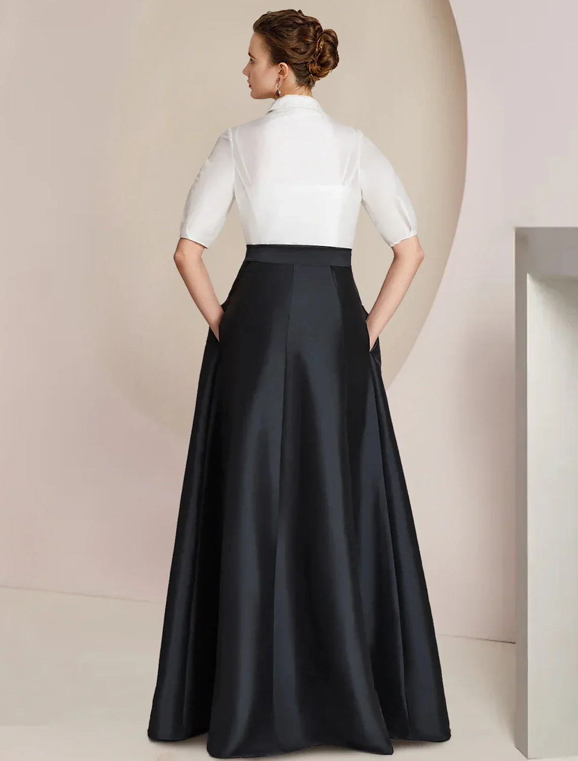 Mother of the Bride Dress Formal Wedding Guest Party Elegant Shirt Collar Floor Length Taffeta Short Sleeve with Bow(s) Color Block