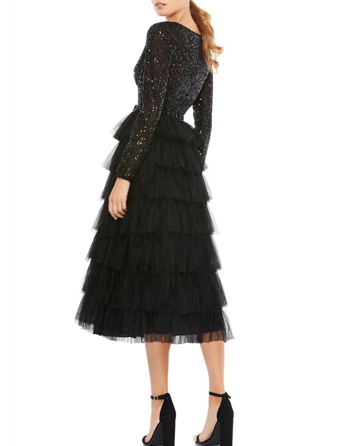 Black Cocktail Dresses Sparkle Dress Plus Size Party Wear Wedding Guest Tea Length Long Sleeve Jewel Neck Fall Wedding Guest with Tiered