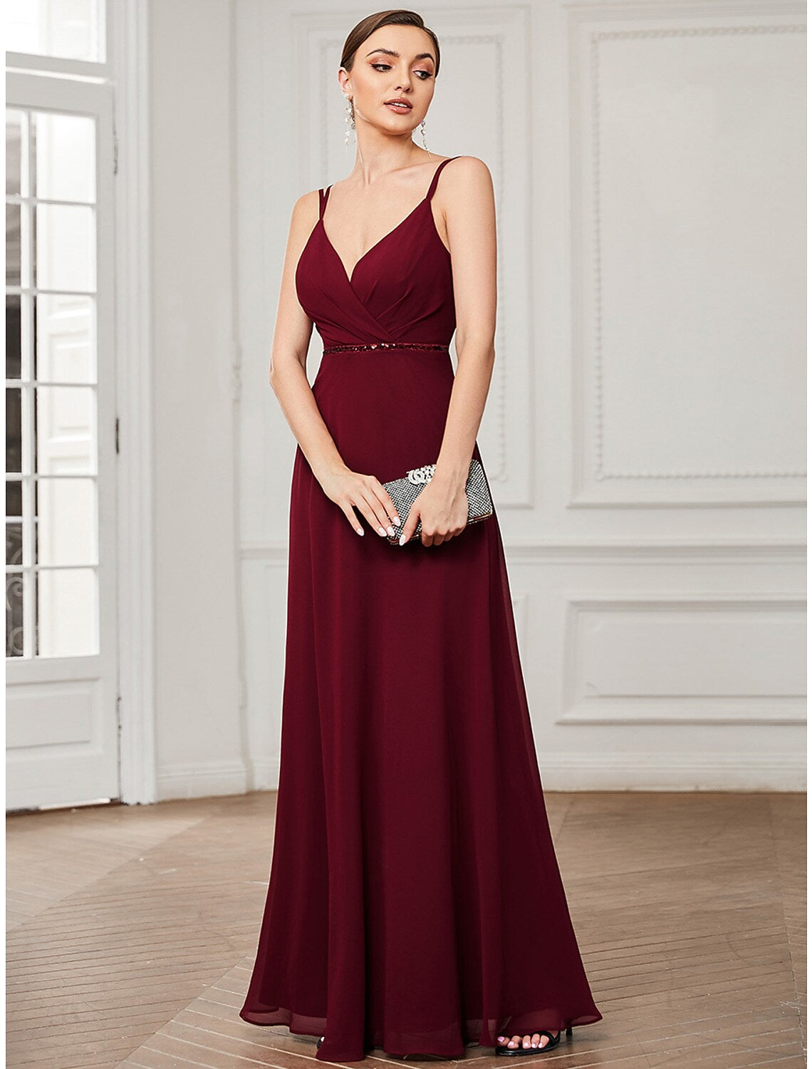 Vintage Formal Floor Length Sleeveless V Neck Crisscross Back with Sash Ribbon