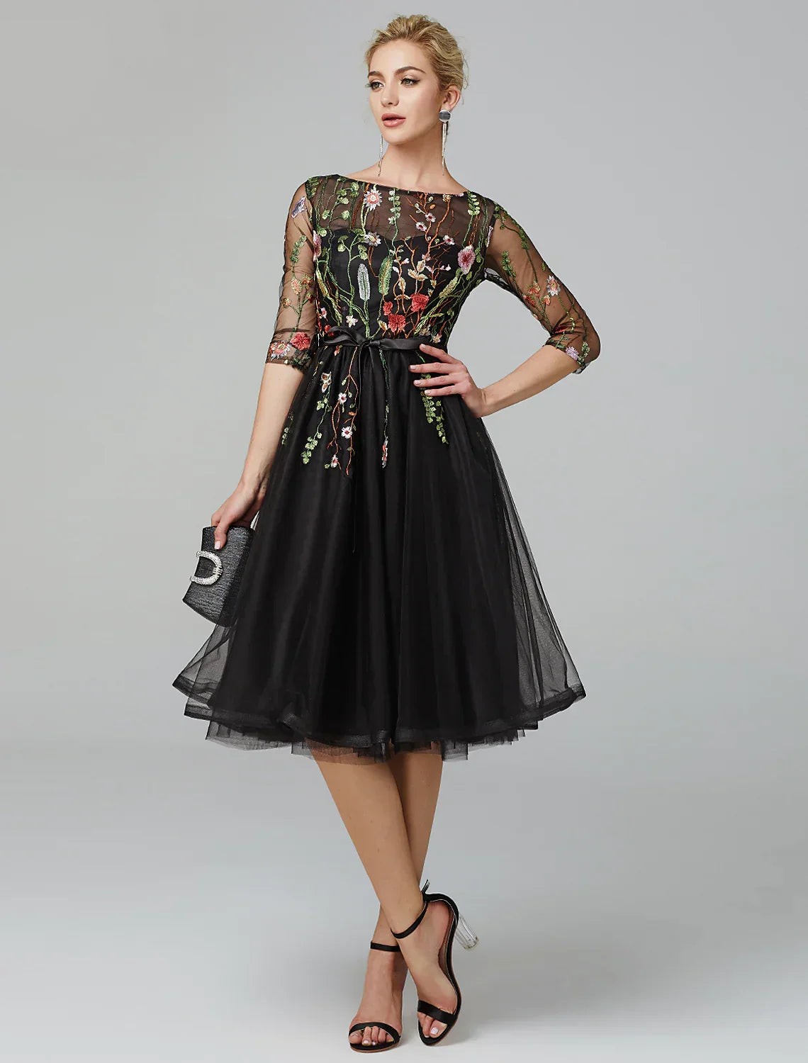 Black Little Dress Dress Wedding Guest Knee Length Long Sleeve Neck Addams with Embroidery Appliques