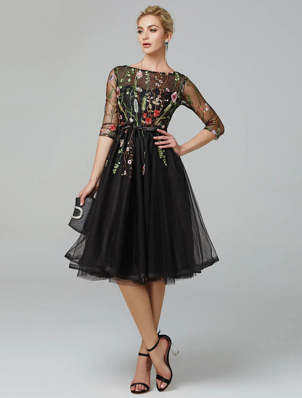 Black Little Dress Dress Wedding Guest Knee Length Long Sleeve Illusion Neck Wednesday Addams Family with Embroidery Appliques