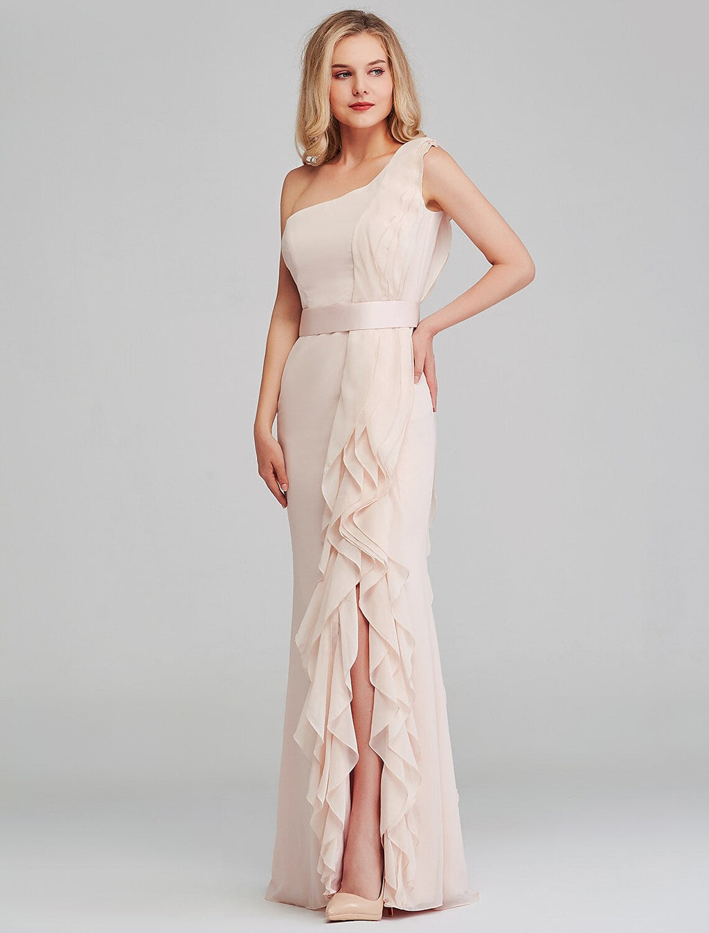 Bridesmaid Dress One Shoulder Sleeveless Elegant Long Length with Cascading Ruffles