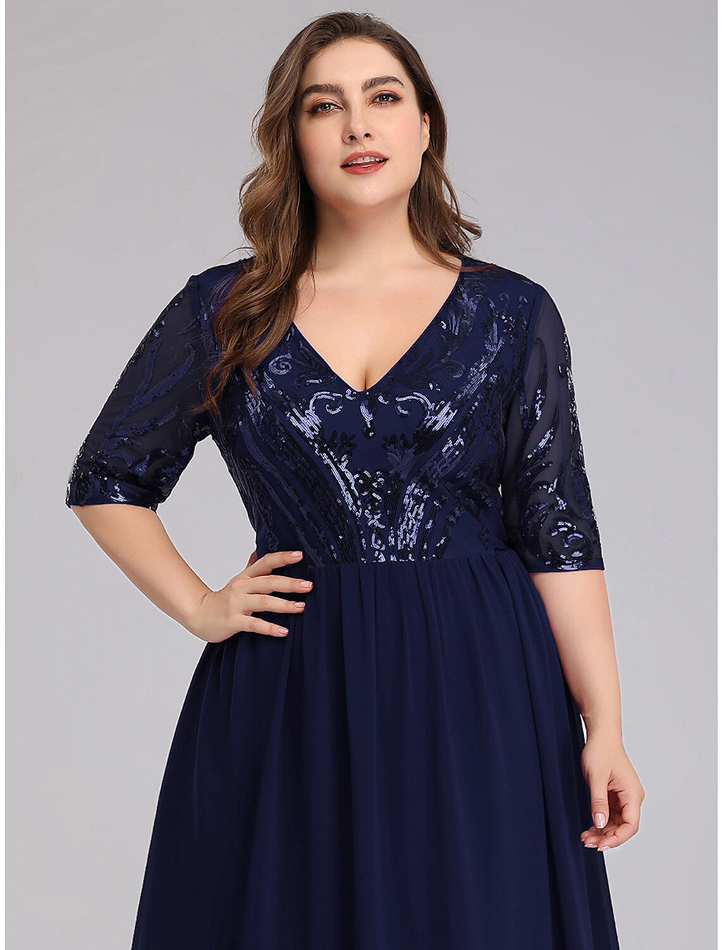 Plus Size Dress Wedding Guest Floor Length Half Sleeve Plunging Neck