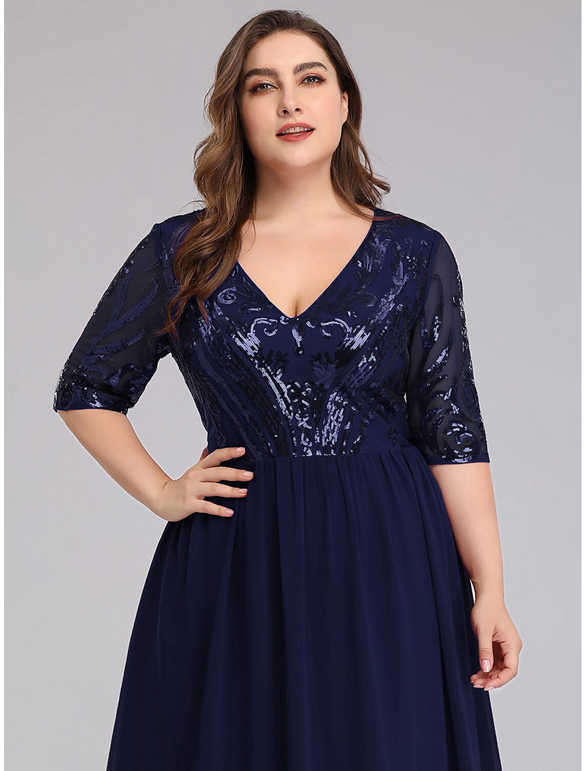 Plus Size Dress Wedding Guest Floor Length Half Sleeve Plunging Neck