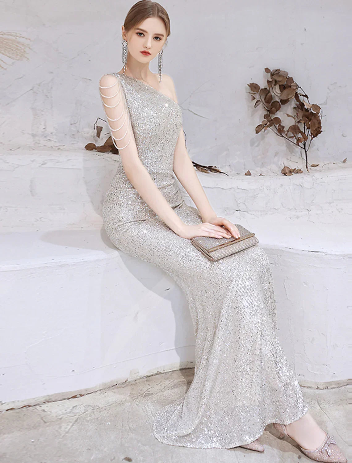 Evening Gown Dress Wedding Floor Length Sleeveless One Shoulder with Beading