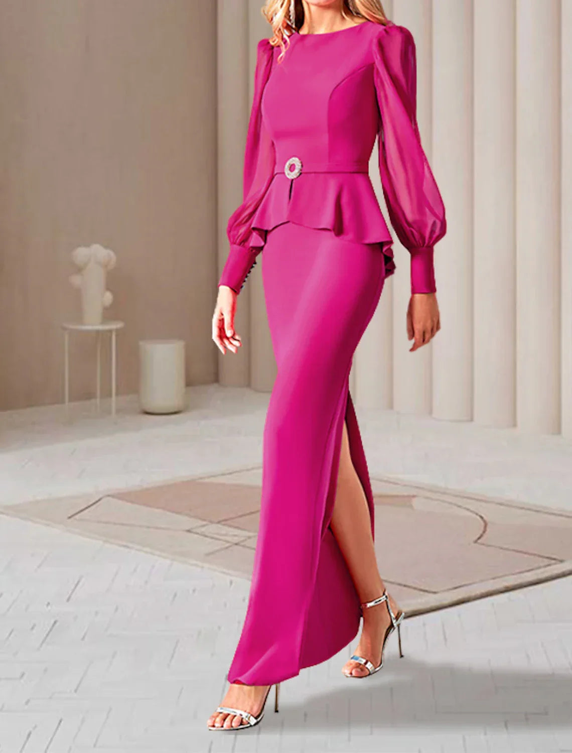 Sheath / Column Mother of the Bride Dress Elegant Jewel Neck Ankle Length Long Sleeve with Ruffles Split Front Crystal Brooch