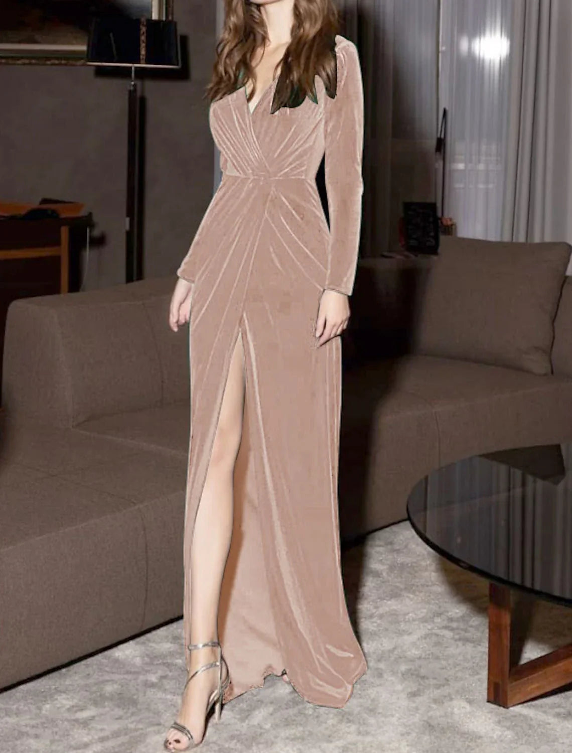 Green Sheath / Column Evening Gown Vintage Dress Christmas Red Dress Formal Evening Floor Length Long Sleeve V Neck Fall Wedding Guest with Draping Slit