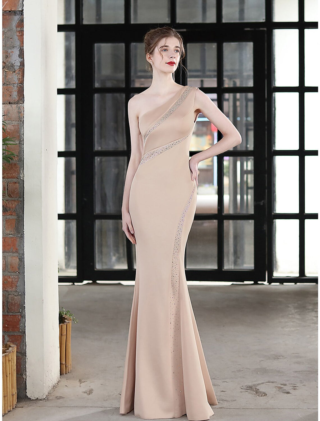 Evening Gown Sexy Dress Wedding Guest Floor Length Sleeveless One Shoulder with Crystals