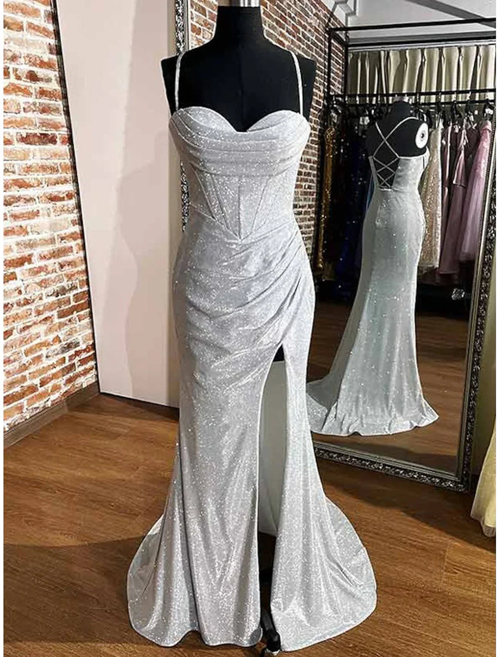 Sheath / Column Prom Dresses Corsets Dress Wedding Party Sweep / Brush Train Sleeveless Cowl Neck with Glitter Ruched Slit