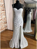 Sheath / Column Prom Dresses Corsets Dress Wedding Party Sweep / Brush Train Sleeveless Cowl Neck with Glitter Ruched Slit