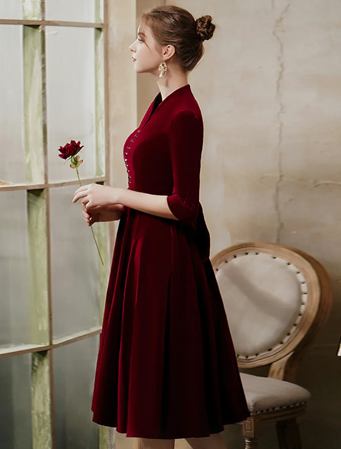 Minimalist Vintage Party Wear Cocktail Party Dress V Neck Half Sleeve Tea Length with Sleek