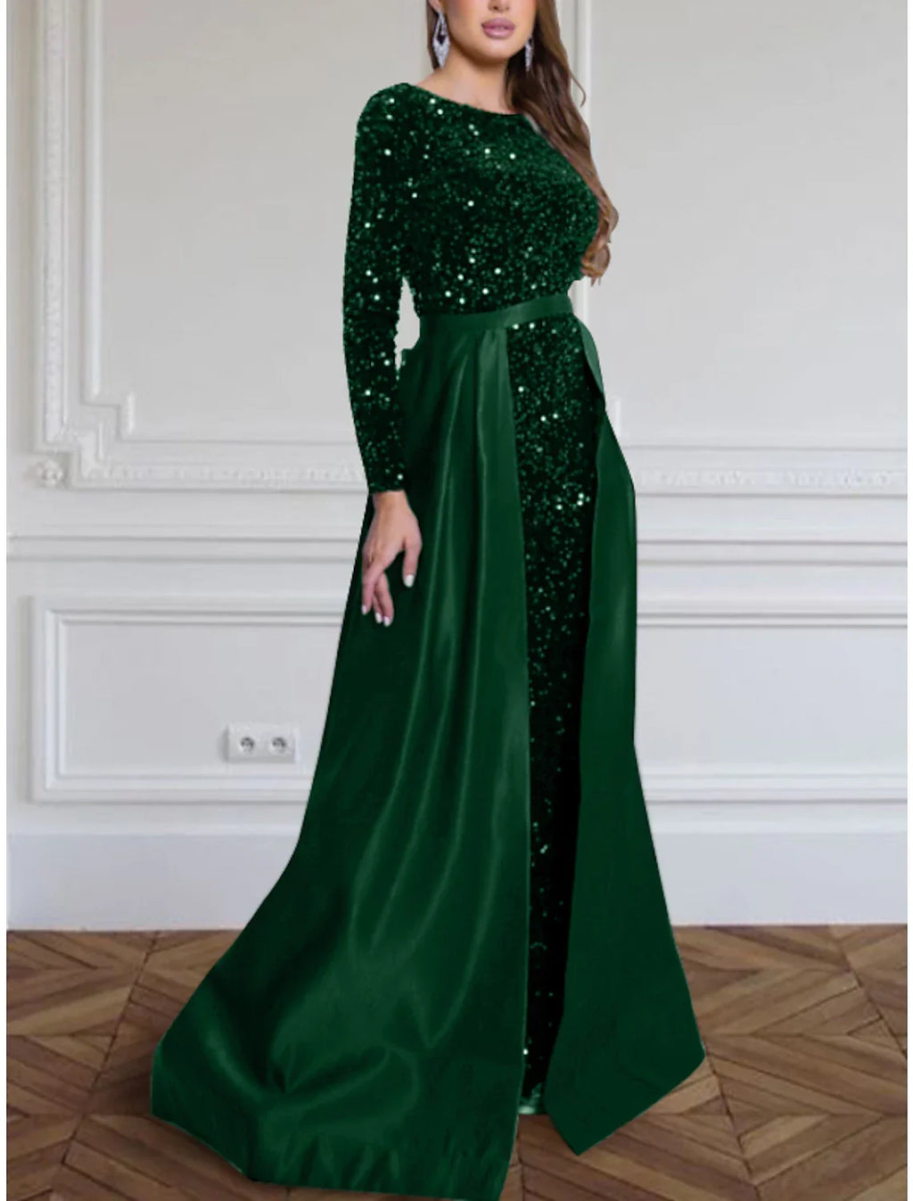 Black Evening Gown Sparkle & Shine Dress Plus Size Formal Fall Sweep / Brush Train Long Sleeve Jewel Neck with Glitter Pleats