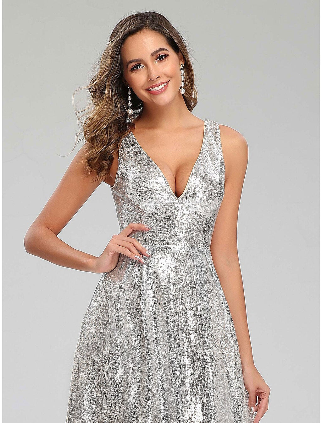 Sparkle Dress Wedding Guest Floor Length Sleeveless V Neck V Back