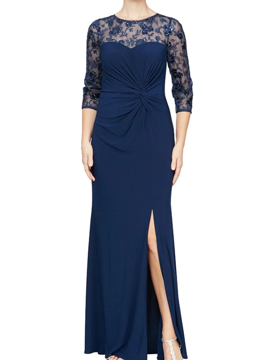 Sheath / Column Mother of the Bride Dress Wedding Guest Elegant Jewel Neck Ankle Length 3/4 Length Sleeve with Split Front Ruching